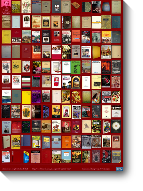 Ein Plakat mit der Abbildung von 122 Ausgaben des Romans „Radetzkymarsch“.