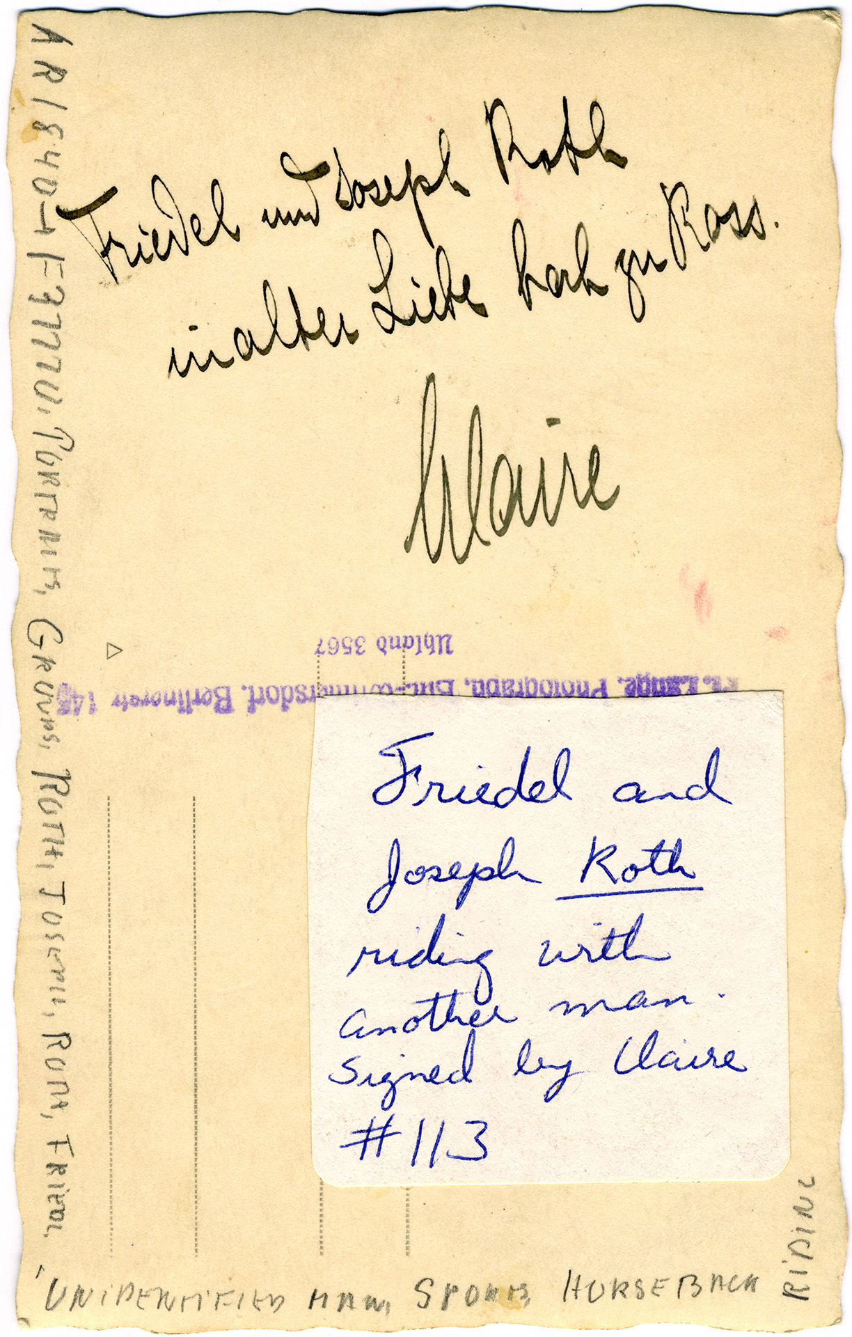 Postkarte von Claire Landau, verso © Leo Baeck Institute, New York, Joseph Roth Collection AR 1764, F 37770